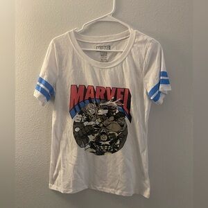 Marvel T-shirt white with blue strips on the sleeves. Size XL 15-17